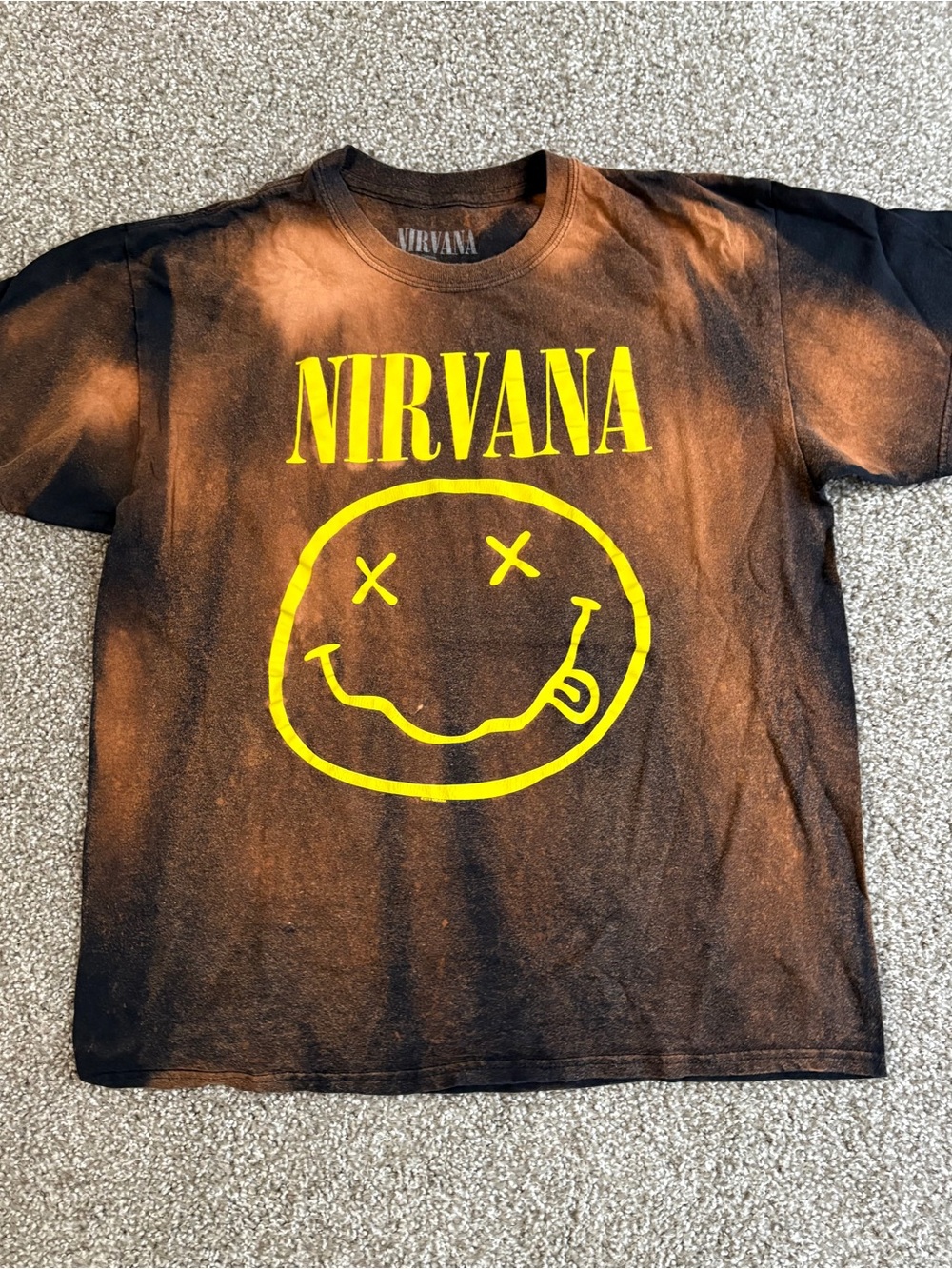 Nirvana Smiley Face Graphic T-Shirt Black/Brown Bleached Look Size L